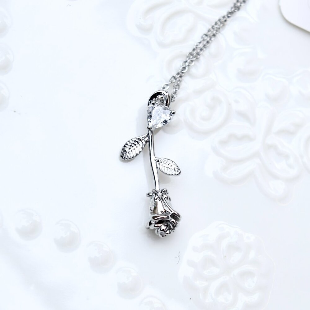Crystal Rose Charm Necklace - Cubic Zirconia Stainless Steel Necklace